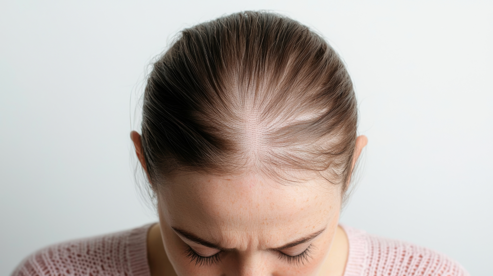 Woman with visible hair thinning suitable for hair extensions.