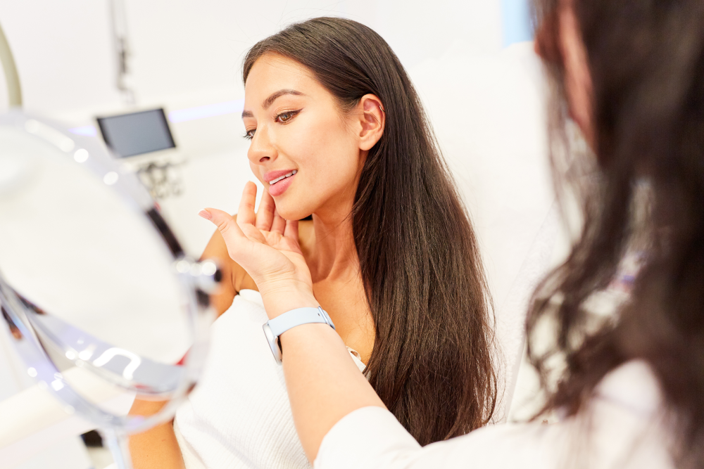 Woman examining her jawline during a fillers consultation.