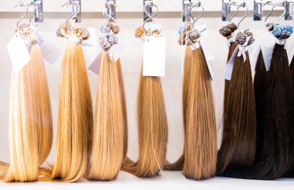 Bundles of hair extensions in various colors hanging on hooks.