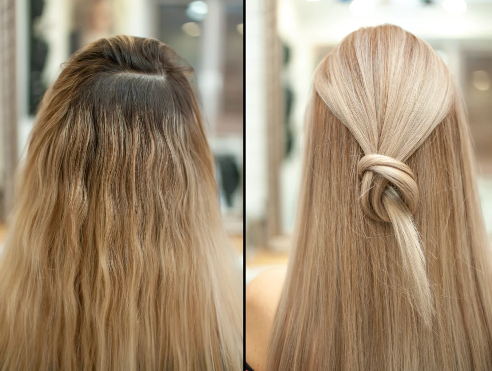 Before and after results of root touch-ups on blonde hair.