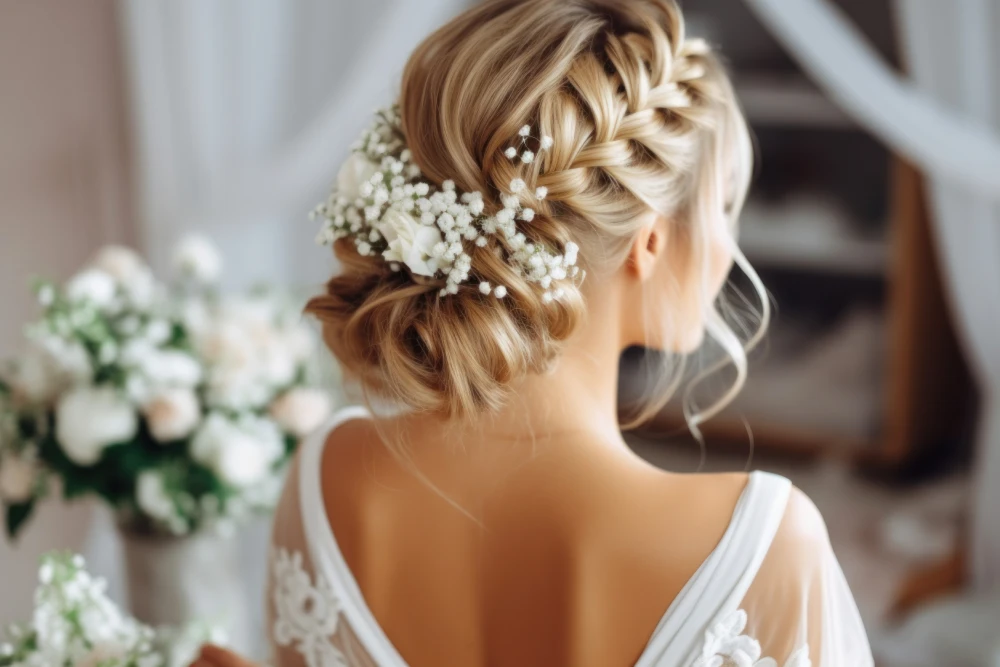 A bride with elegant hair extensions styled in a braided floral updo.