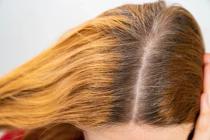 Woman with visible roots needing root touch-ups.