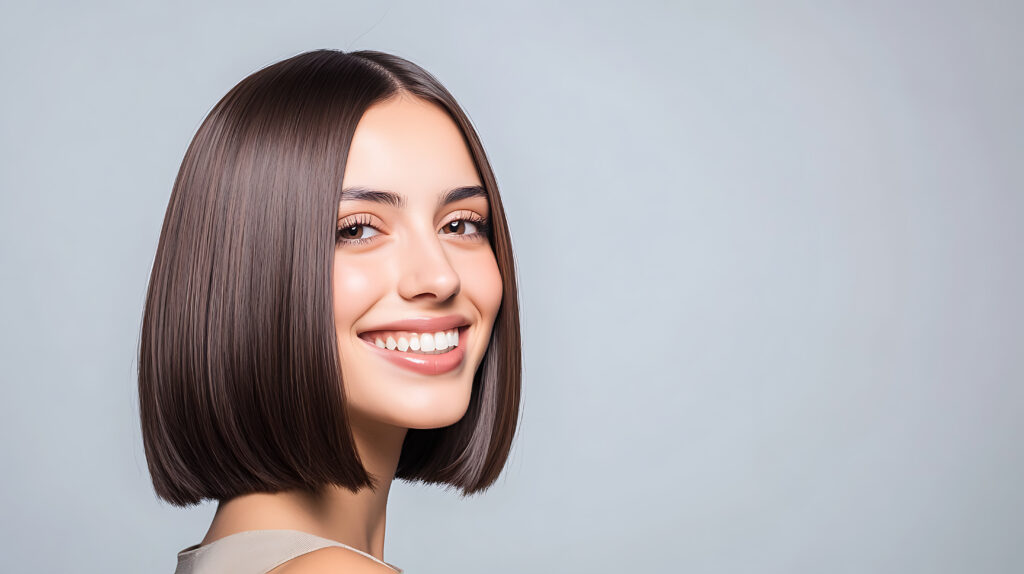woman with a short brown bob haircut smiling and looking over her shoulder against a gray background
