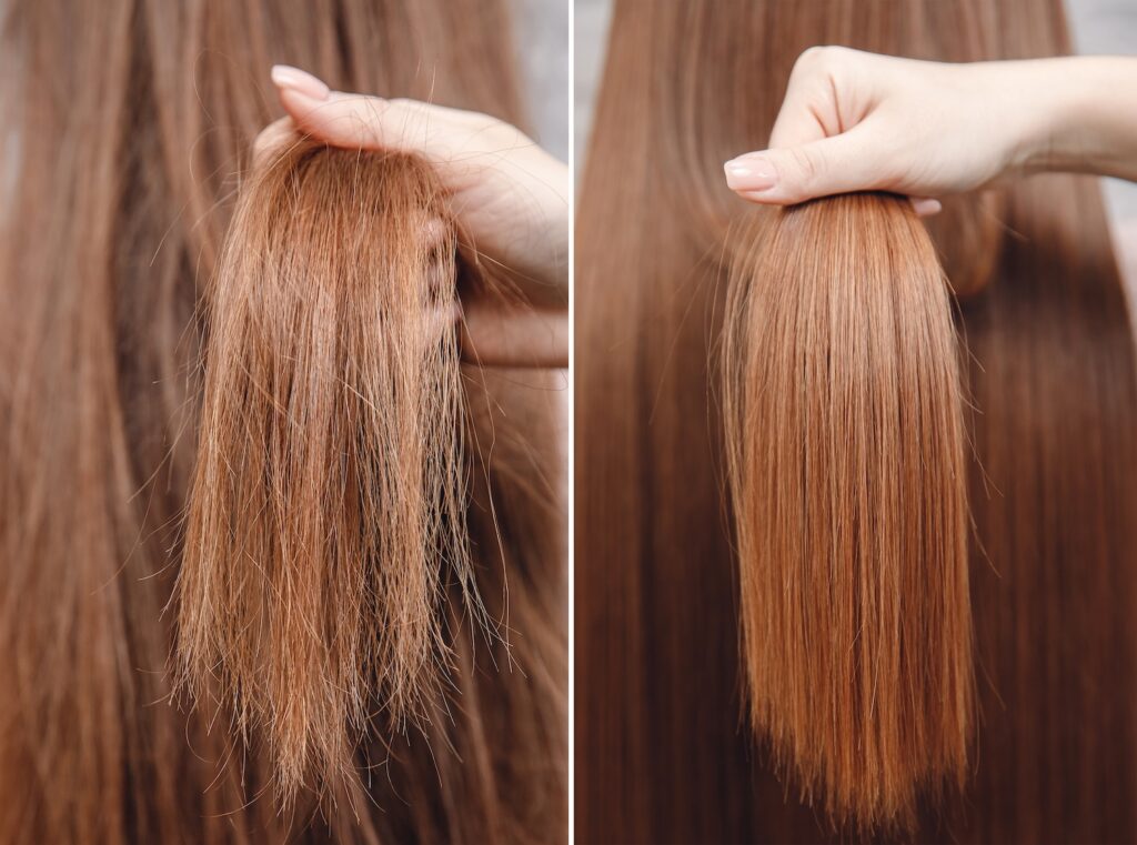 Side-by-side view of a hand holding dry, frizzy hair ends on the left and smoother hair ends on the right.