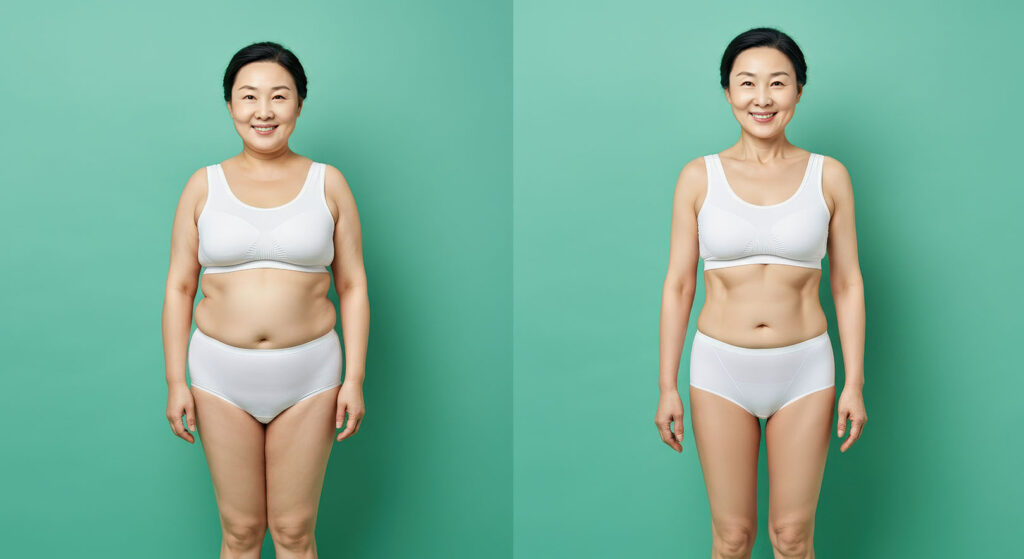 Side-by-side image of a woman showing body transformation from a medical weight loss program.