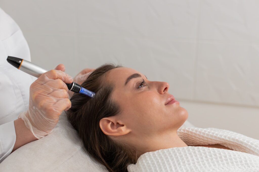 Technician using a handheld device on a woman’s hairline as she lies on a treatment bed.