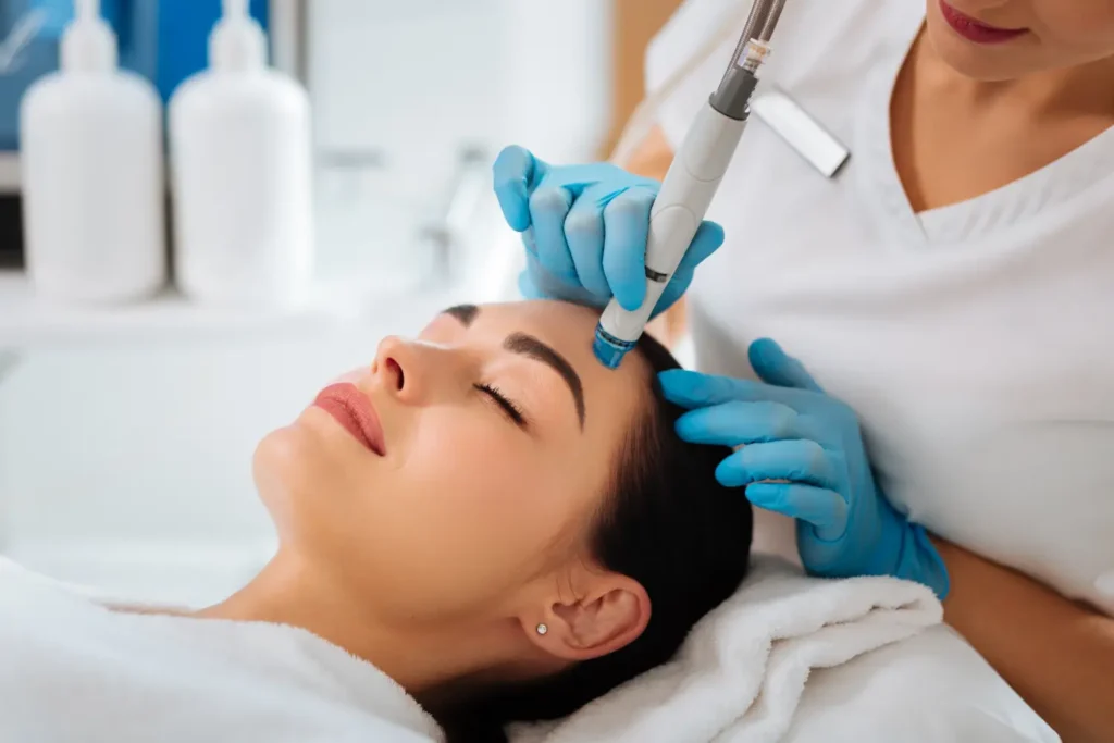 Aesthetic professional wearing blue gloves using a handheld skincare device on a person’s forehead.