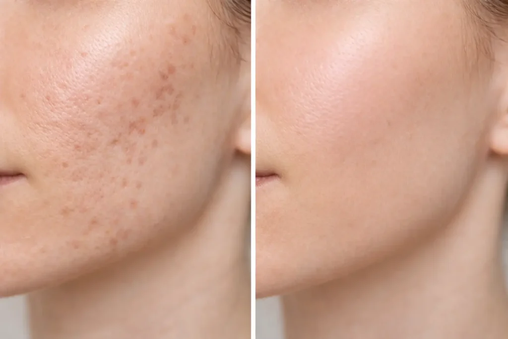before and after microneedling showing reduced acne scars and smoother skin