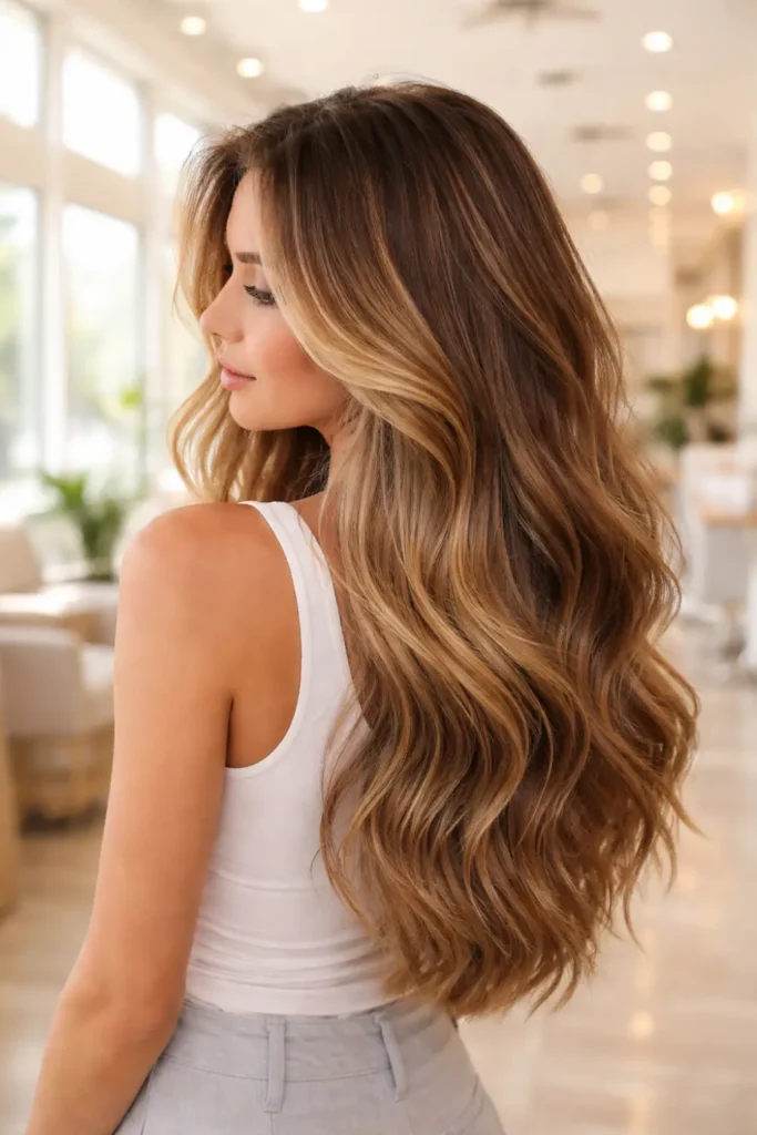 woman with long hair and natural-looking highlights for spring