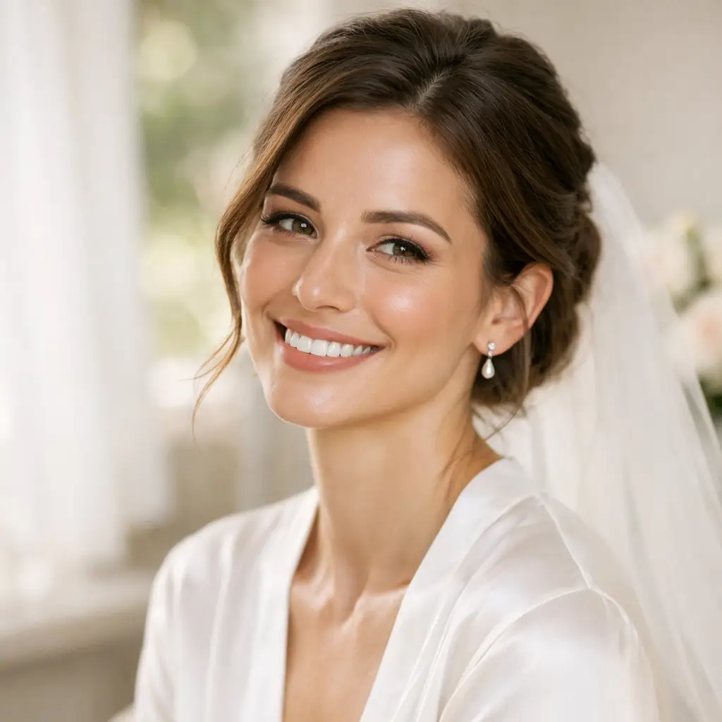 Smiling bride with natural makeup and veil looking at the camera