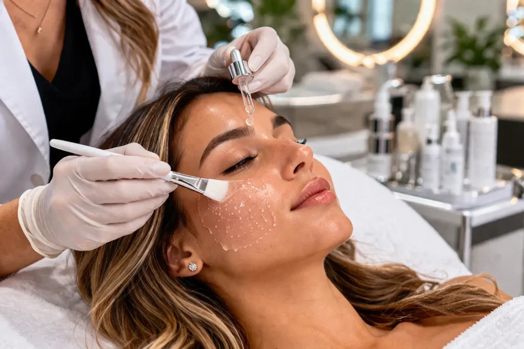 Practitioner applying serum with a dropper and brush on a woman’s face