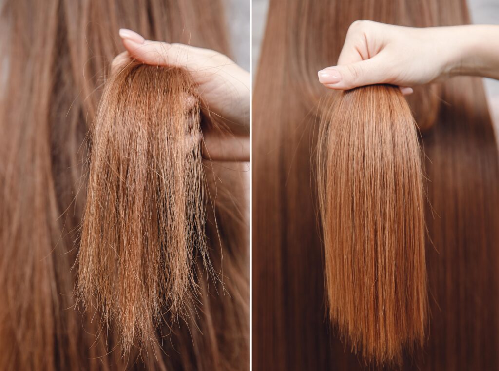 Side-by-side comparison showing hair with flyaways on the left and smoother hair on the right