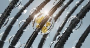 Illustration of hair strands with golden droplets surrounding a central strand