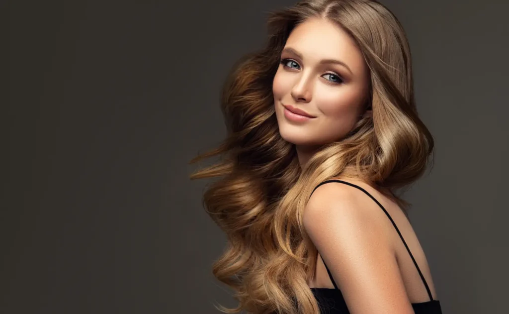 Person with long wavy highlighted hair looking over their shoulder against a dark background.